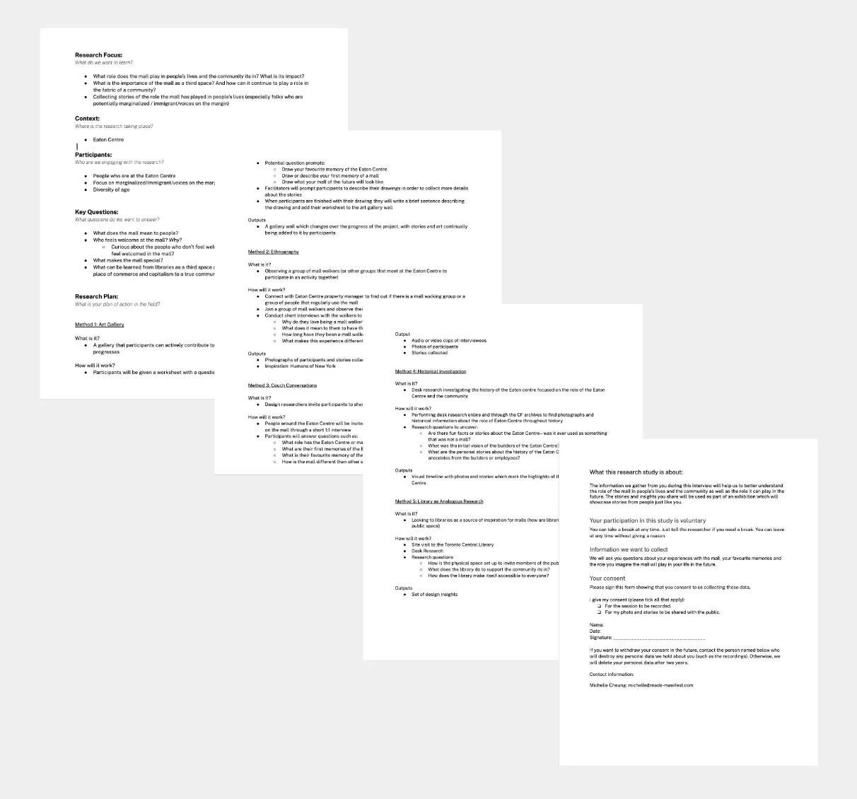 screenshots of a research plan document and consent form showing four pages with details of research goals, approach, methodology.