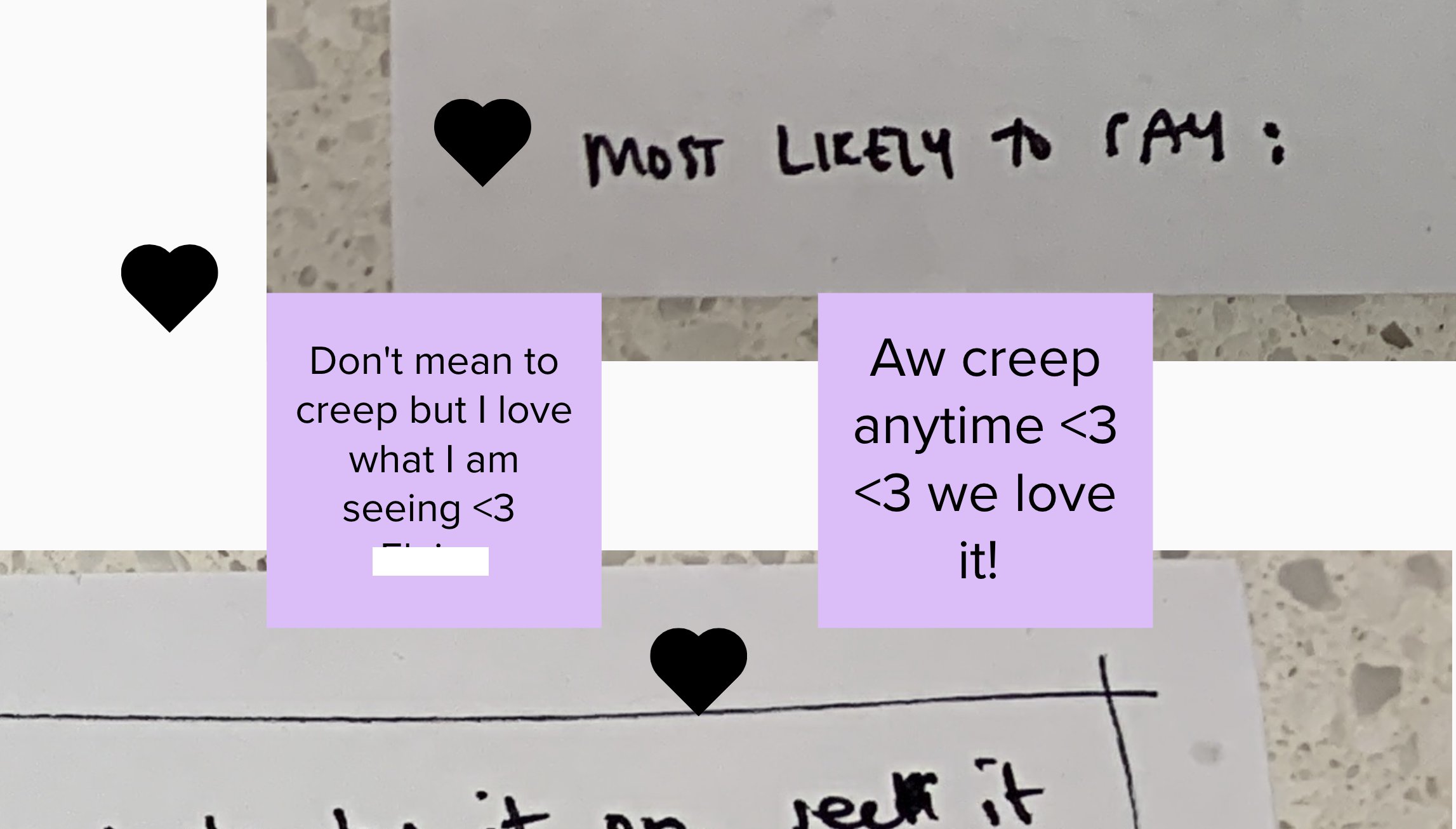post its on MURAL that read 'dont mean to creep but I love what I am seeing <3' and 'aw creep anytime <3 <3 we love it!'