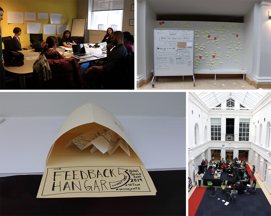 a collage of images from the global service jam including people around a boardroom table, a wall of post its, a feedback hangar envelop for paper planes with feedback written on then, and a photo of the working space.