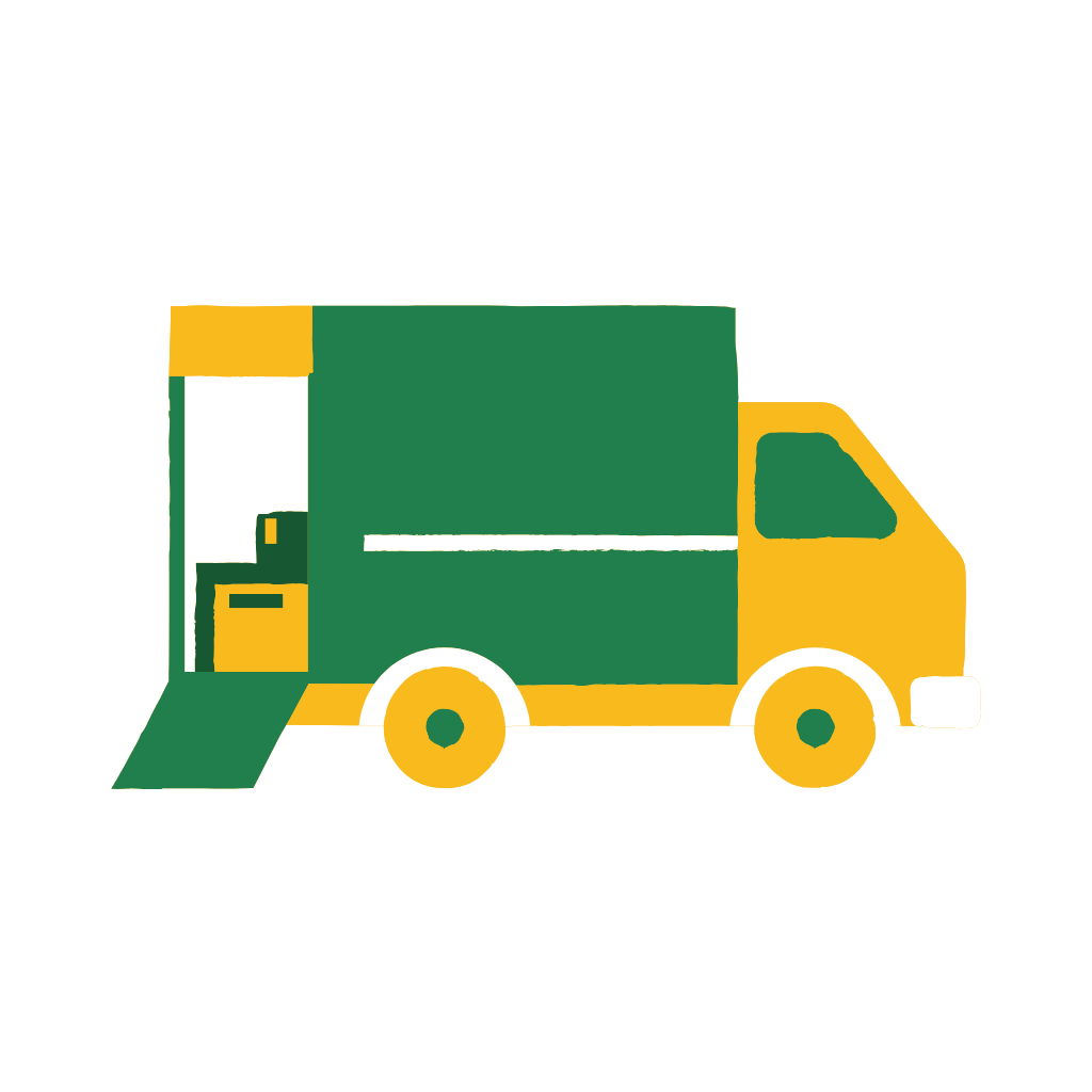 A green and yellow truck parked with its door open, ready for loading or unloading.