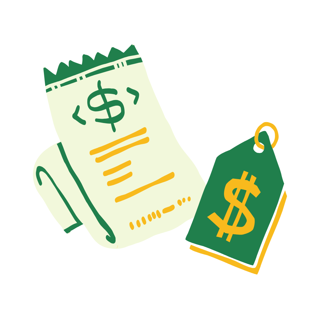 A bag sits next to a receipt and a dollar sign, symbolizing a financial transaction or shopping activity.