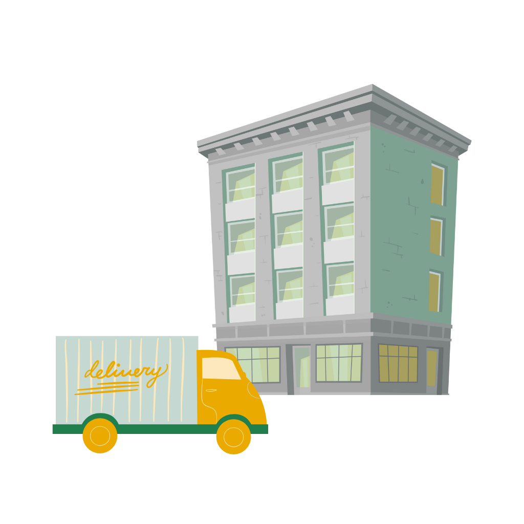 A delivery truck parked in front of a building, ready to unload packages.