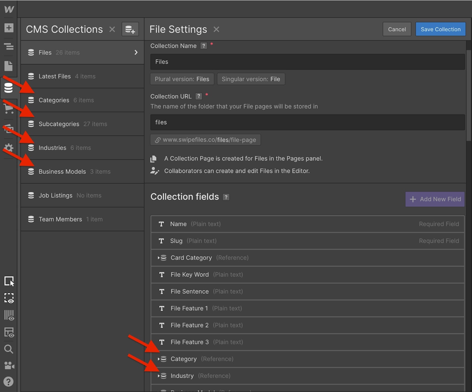 webflow cms collection settings