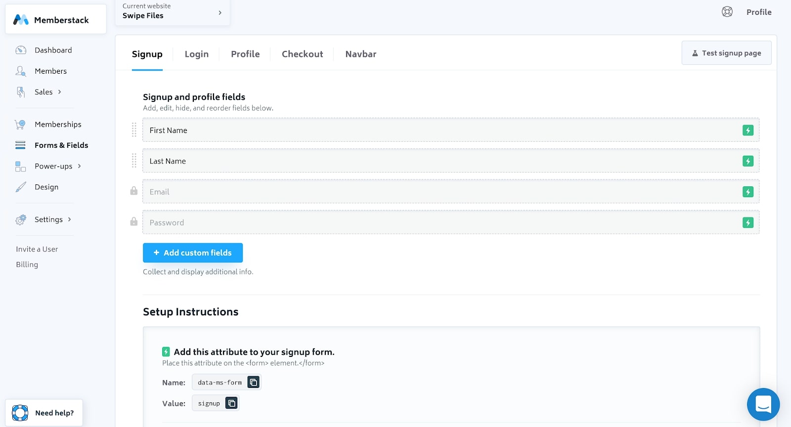 memberstack sign up and profile fields