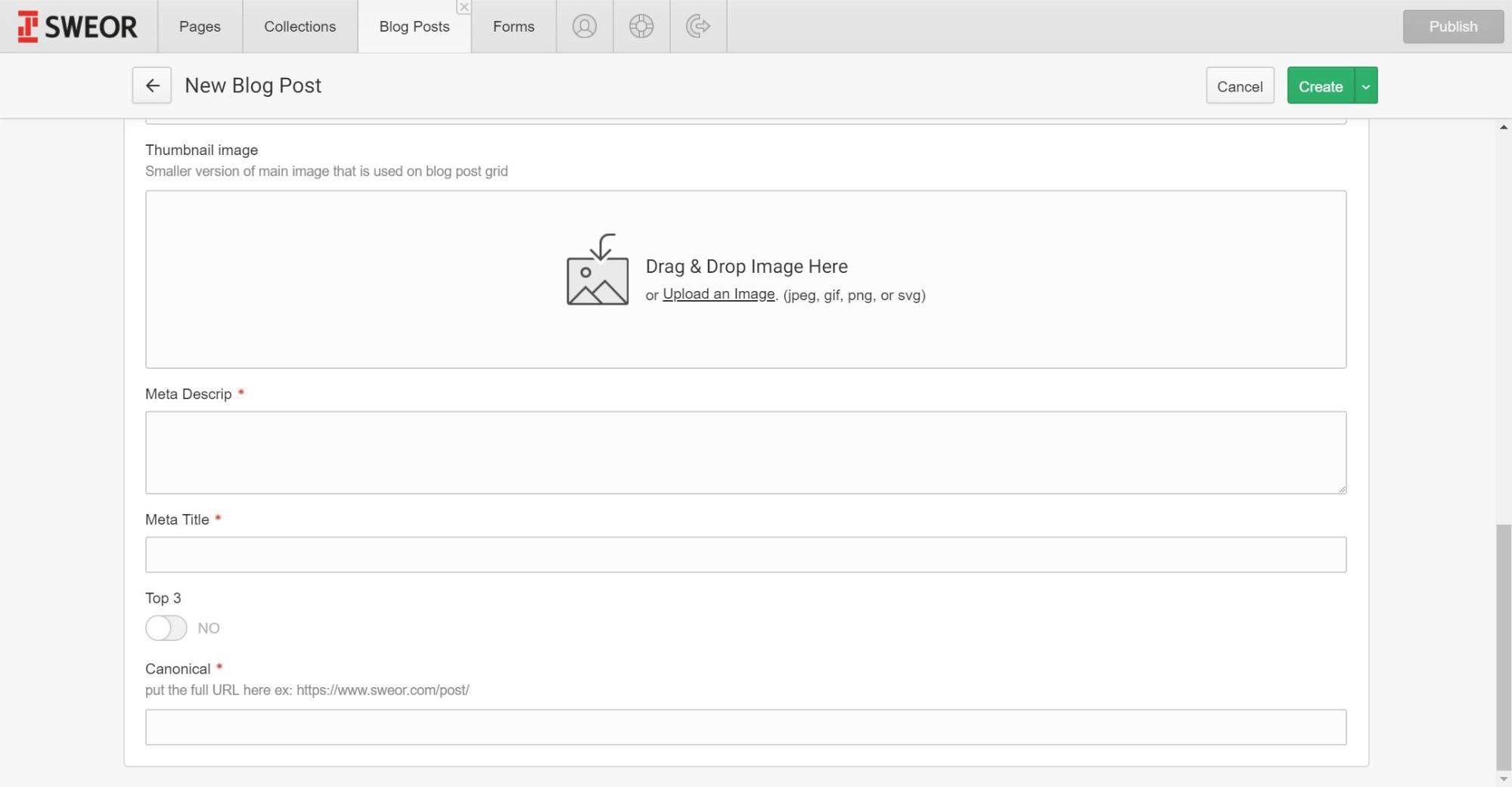 Empty Meta Description and Meta Title fileds in the Webflow Editor on the Sweor site.