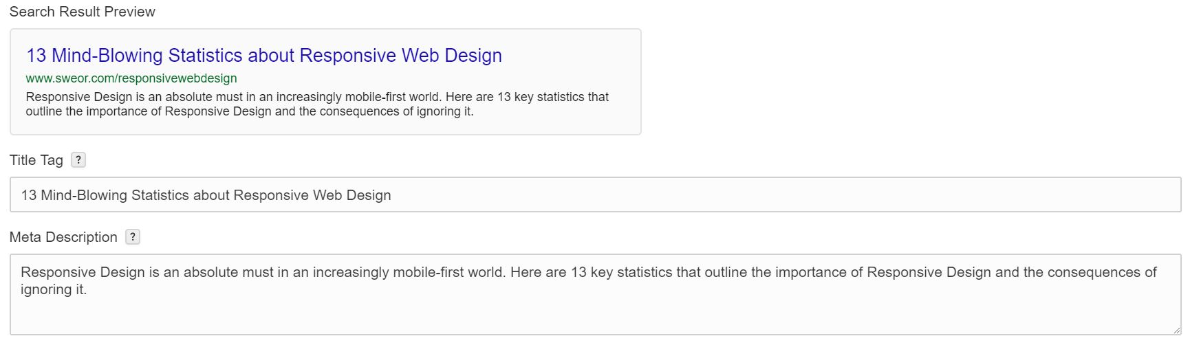 Title Tag and Meta Description fields filled out in the Webflow Editor below a Search Result Preview with the corresponding data. 