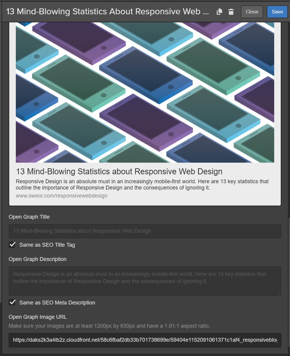 Open Graph settings in the designer set to "Same as SEO Title Tag" and "Same as SEO Meta Description"