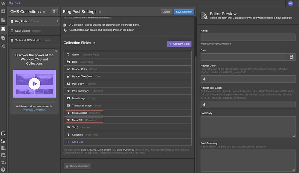 In a list of Collection Fields in the Webflow Designer, Meta Description and Meta Title are highlighted.