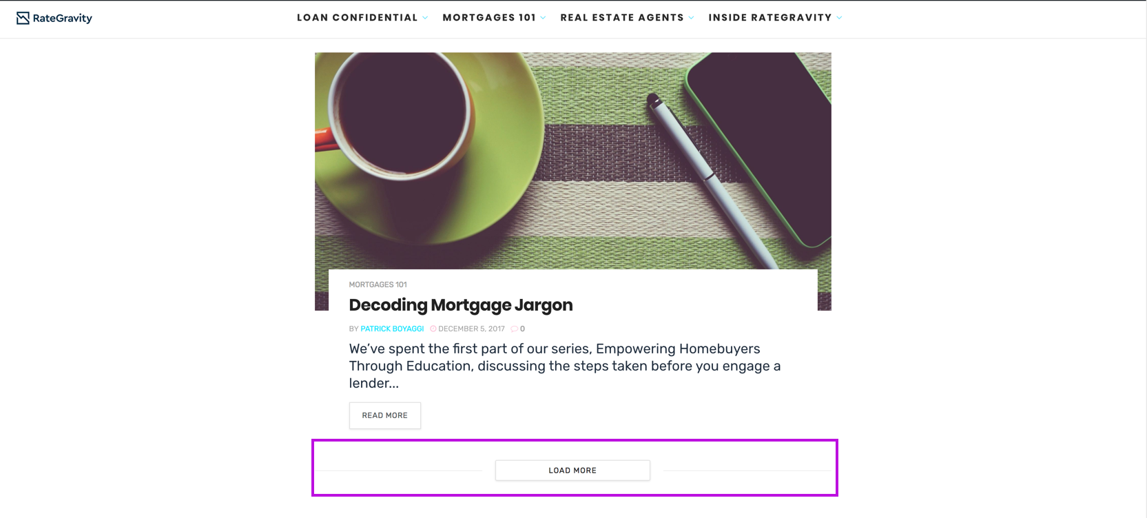 RateGravity blog page with a "LOAD MORE" button at the bottom. 