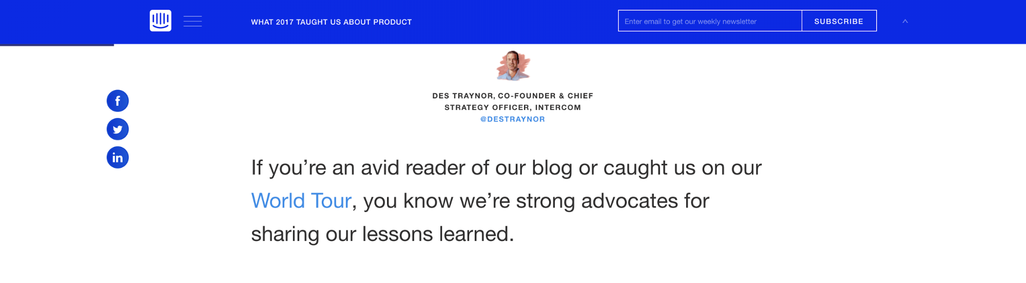 A page on Intercom's blog featuring a clear subscribe button in the top right.  