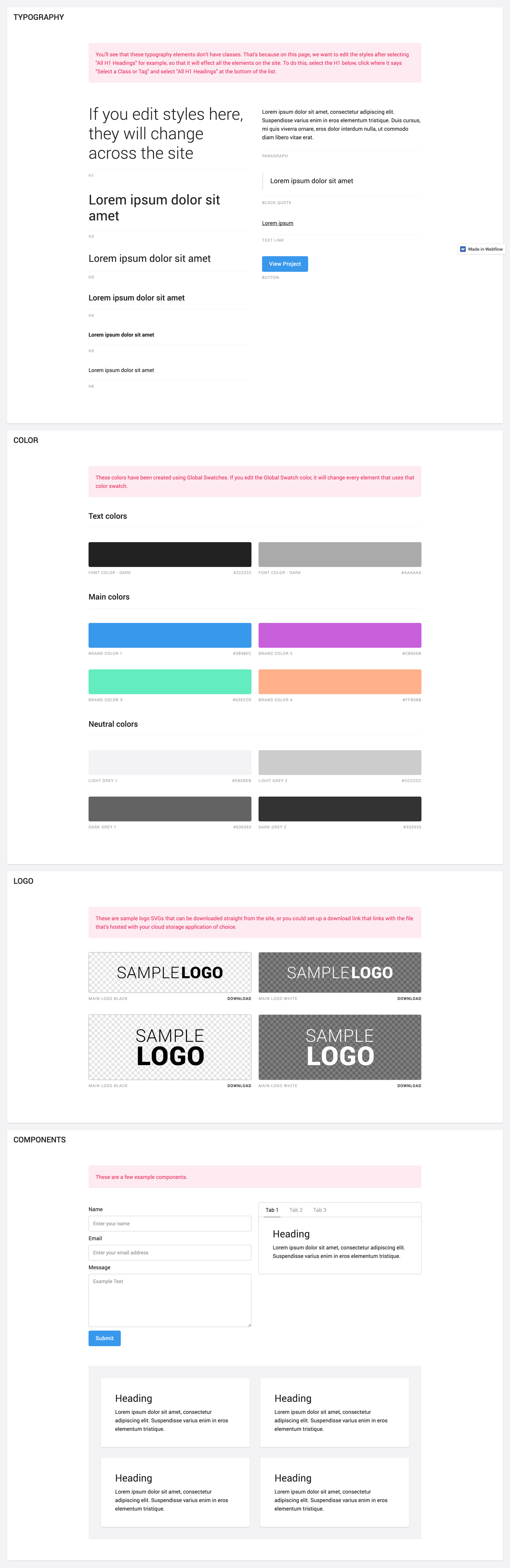 Living style guide template made in Webflow