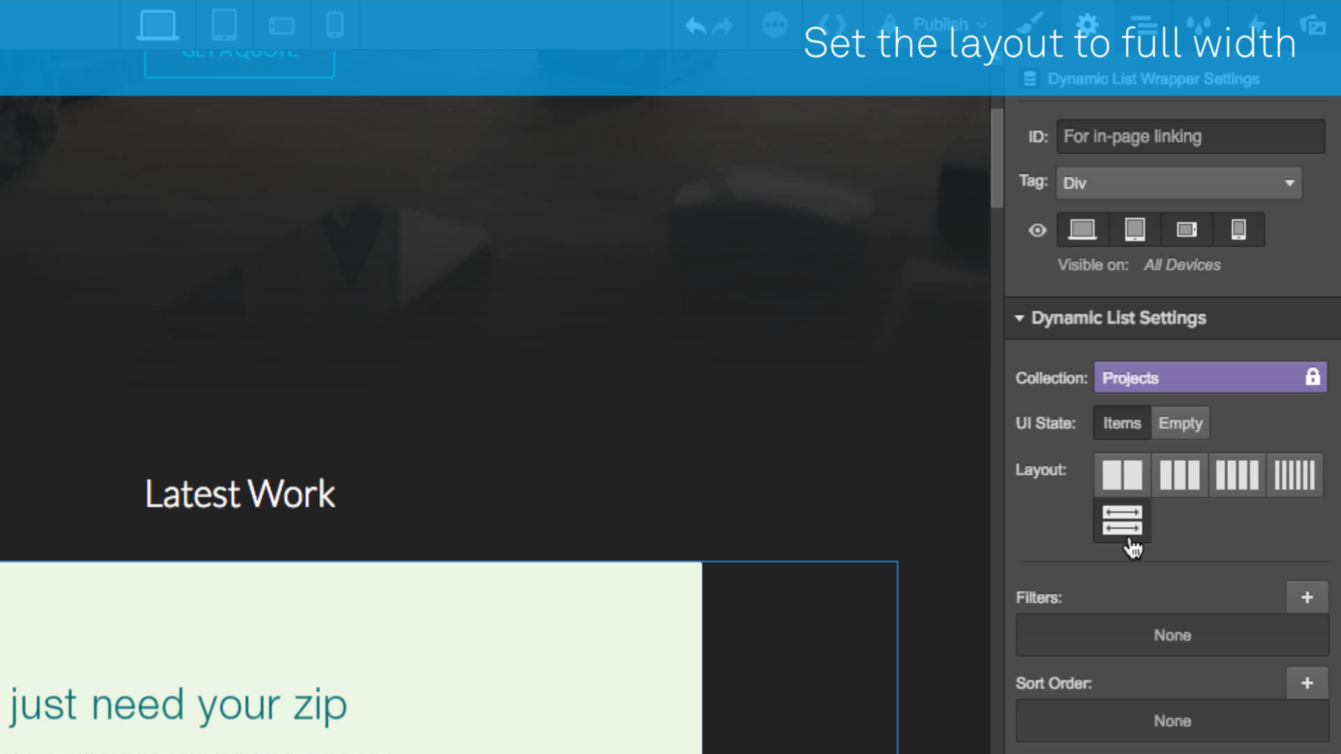 Set the dynamic list layout to full-width