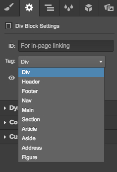 Adding HTML5 tags in the Settings tab of the Designer