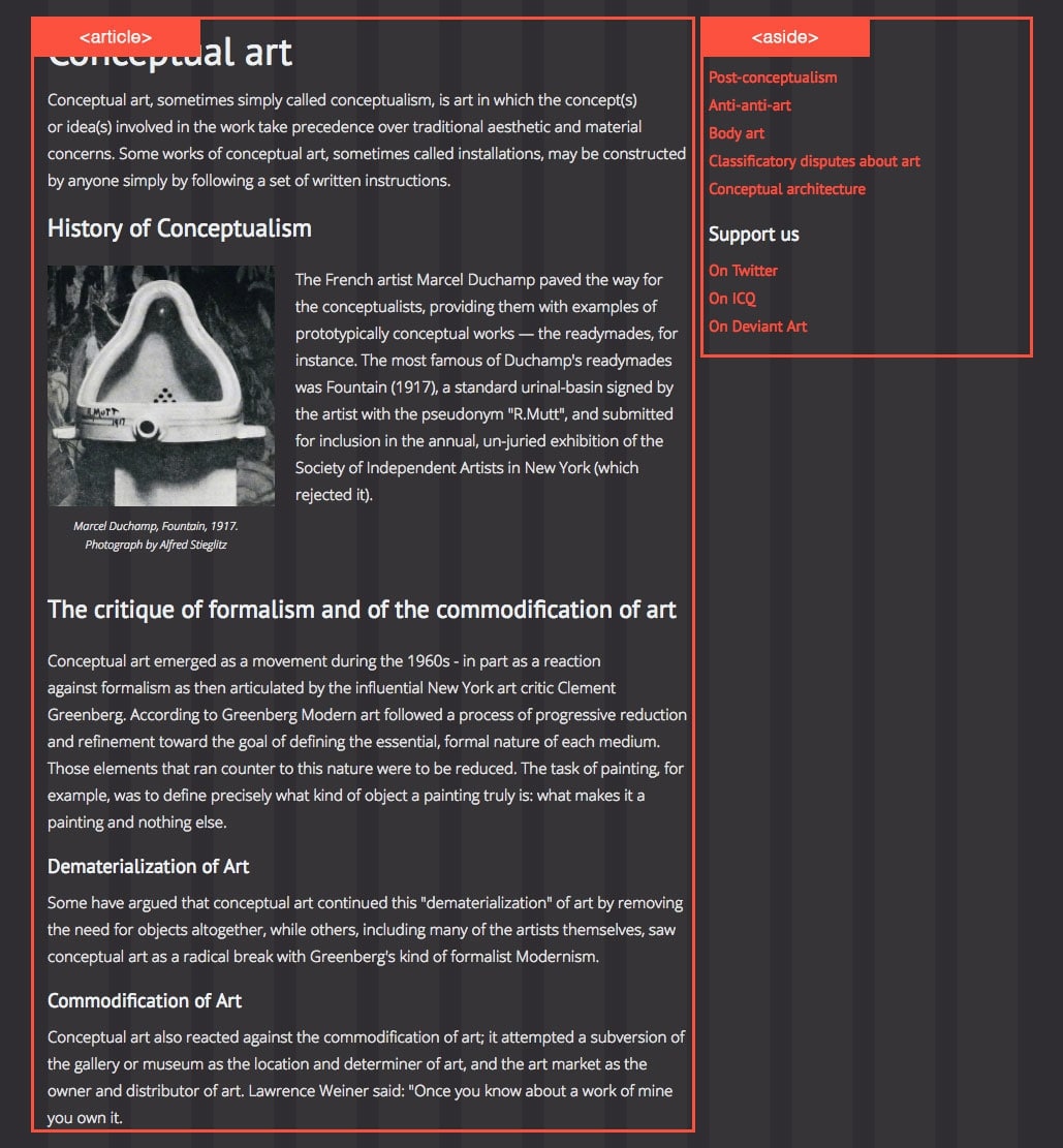 A content page with <article> and <aside> elements 