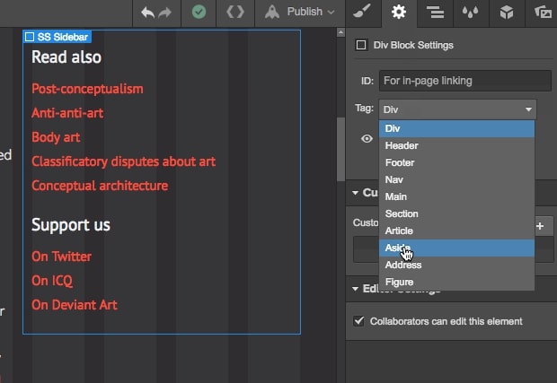 Selecting HMTL5 semantic elements in the Webflow Designer