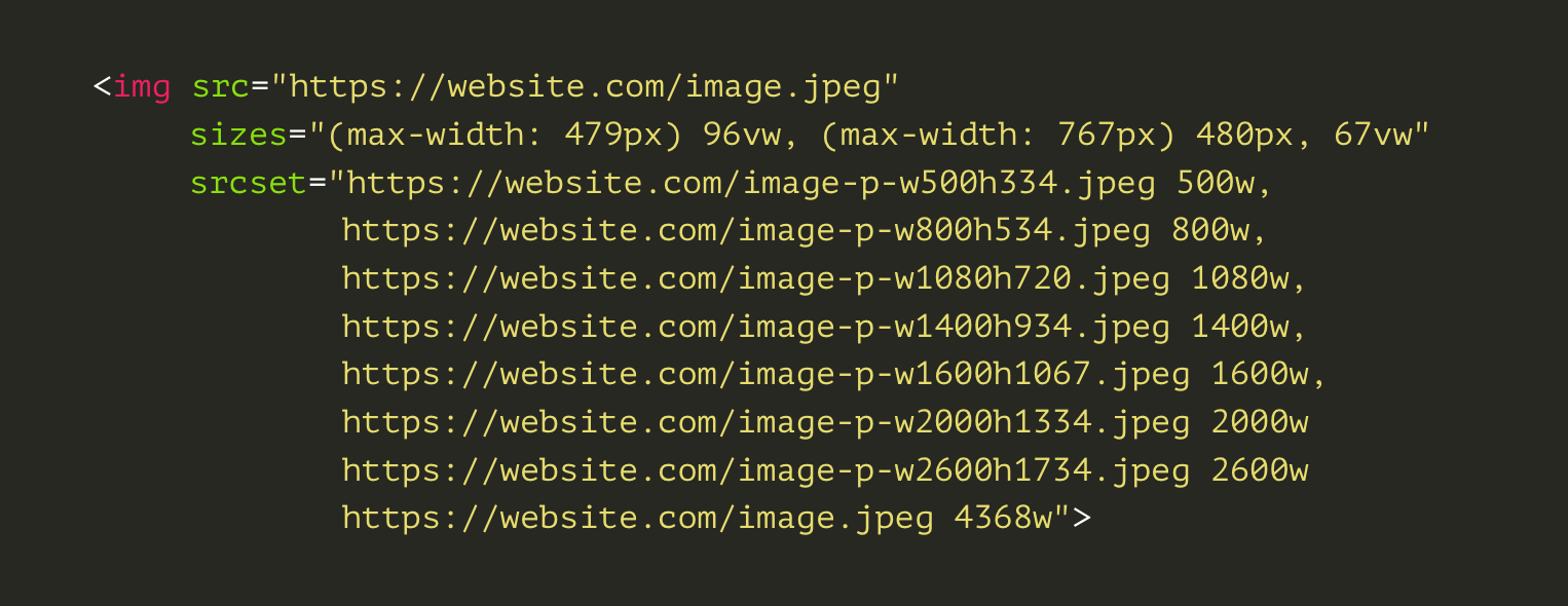 An img tag with the srcset and sizes code to make it responsive.