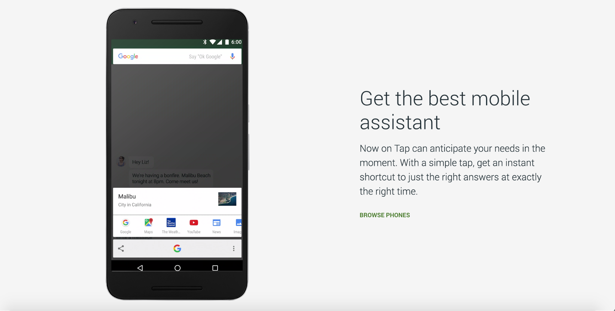 A page from Google's Nexus site—the link copy reads "browse phones"