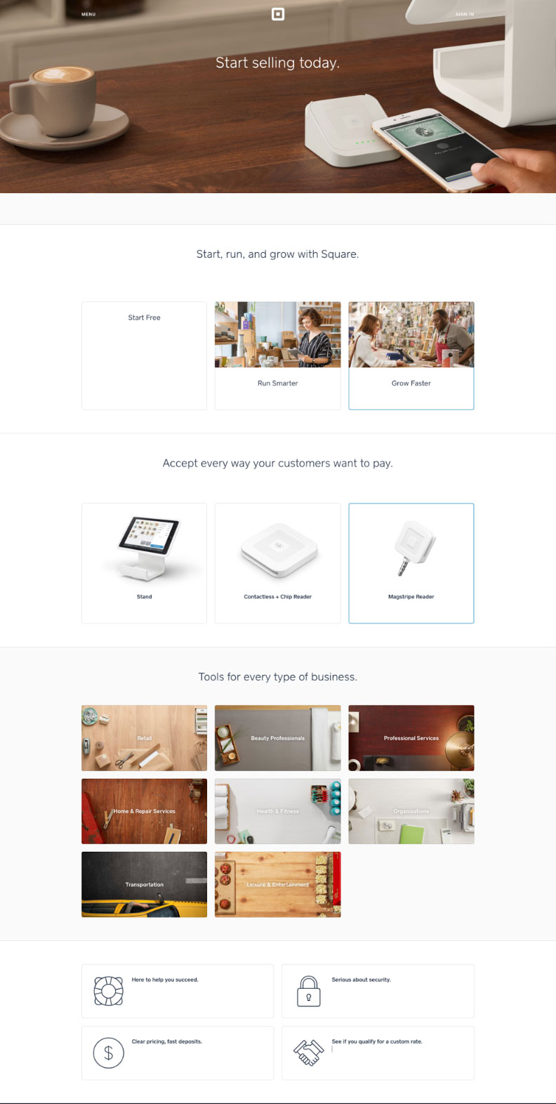 The Square website, with body copy removed.