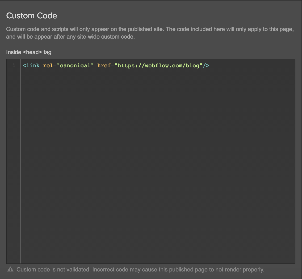 Define static pages as canonical with Webflow's custom code editor