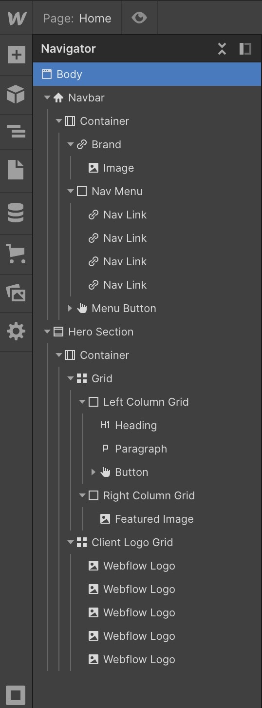 image of components withing the Webflow Navigator