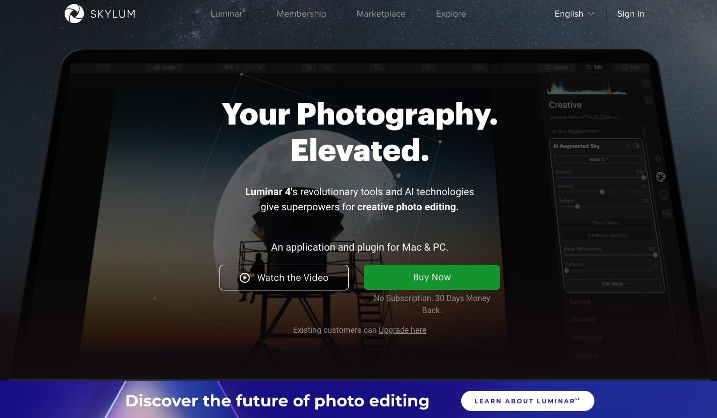 An image of the SkyLum website. It features their image editor Luminar.