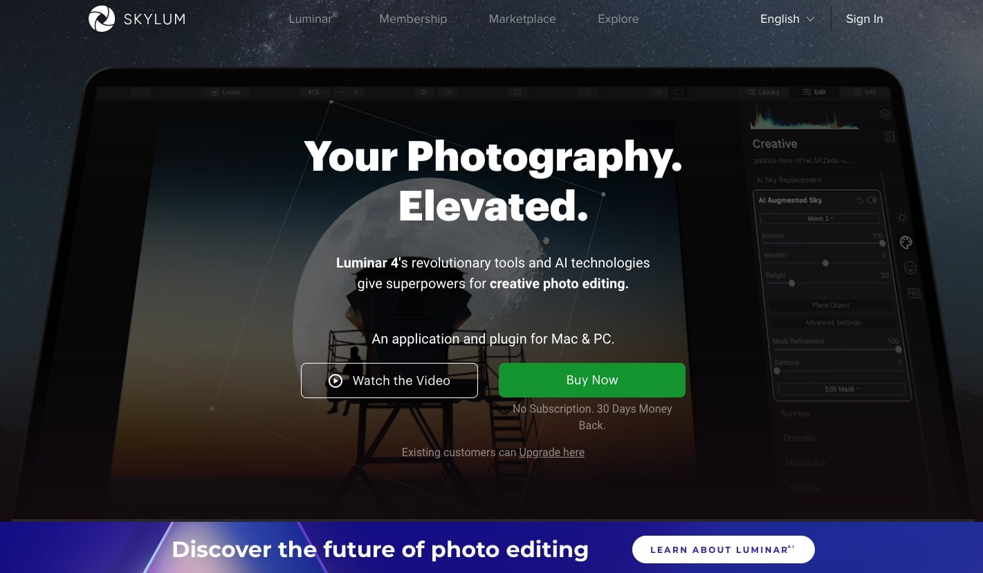 An image of the SkyLum website. It features their image editor Luminar. 