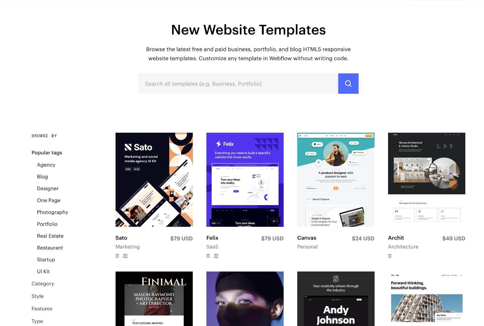 Catalog of website templates with search bar