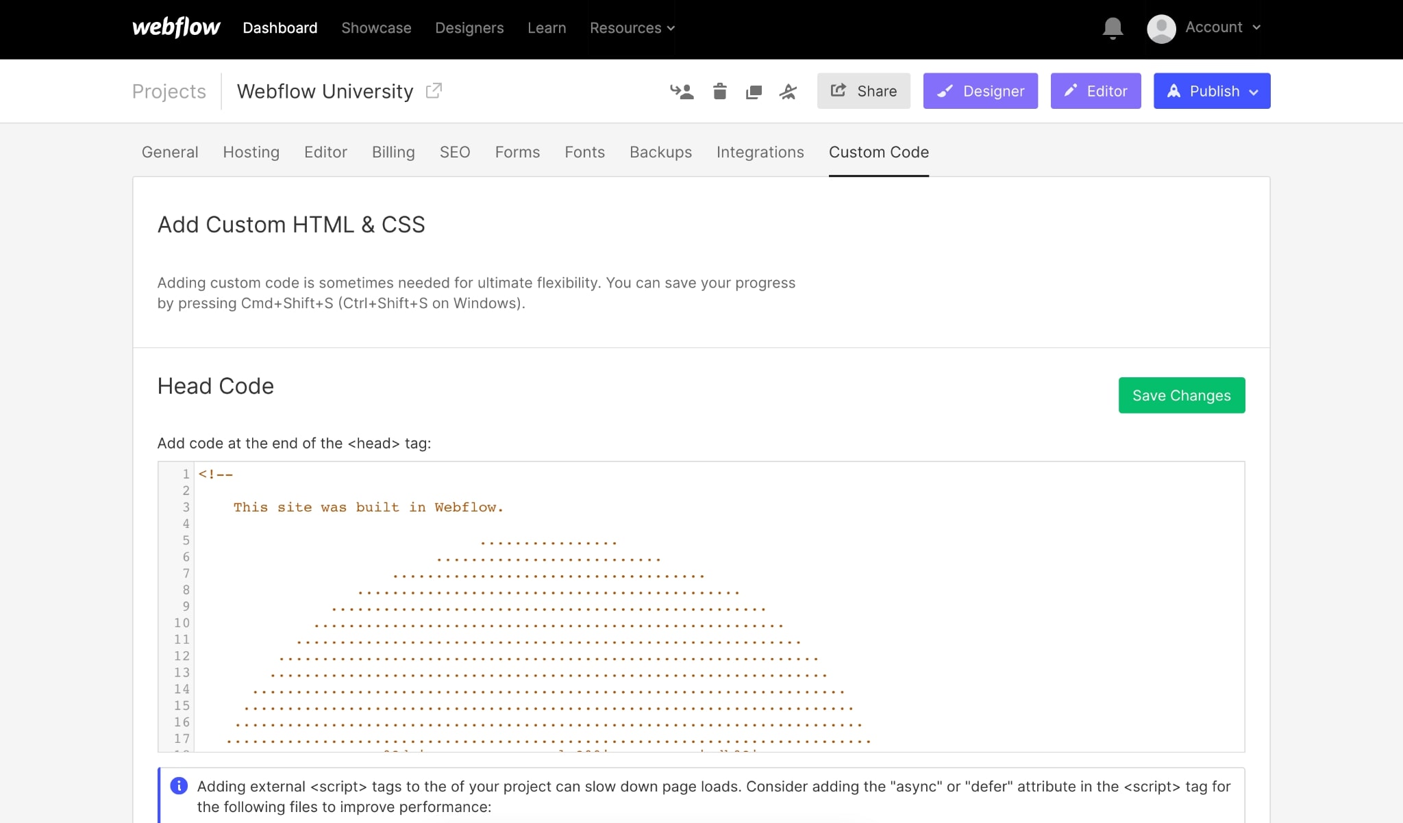 An image of a user adding custom code to a project in Webflow.