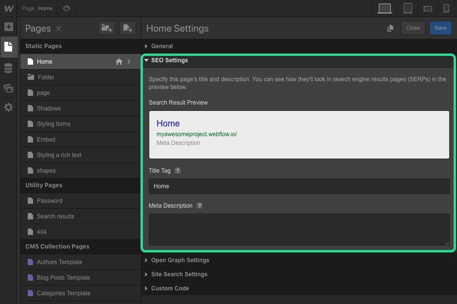 SEO settings of the home page in the Pages setting panel