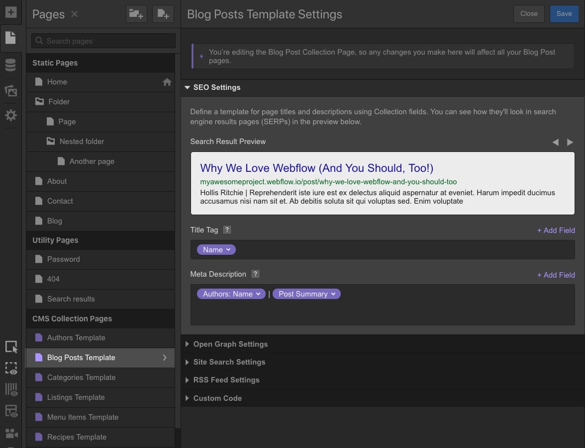 An example of how to define a pattern of pages in a Collection in Webflow.