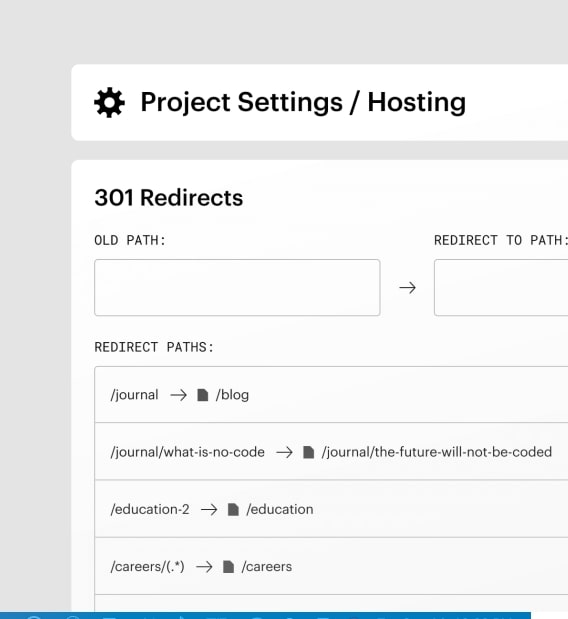 An example of setting up a 301 redirect in Webflow. 