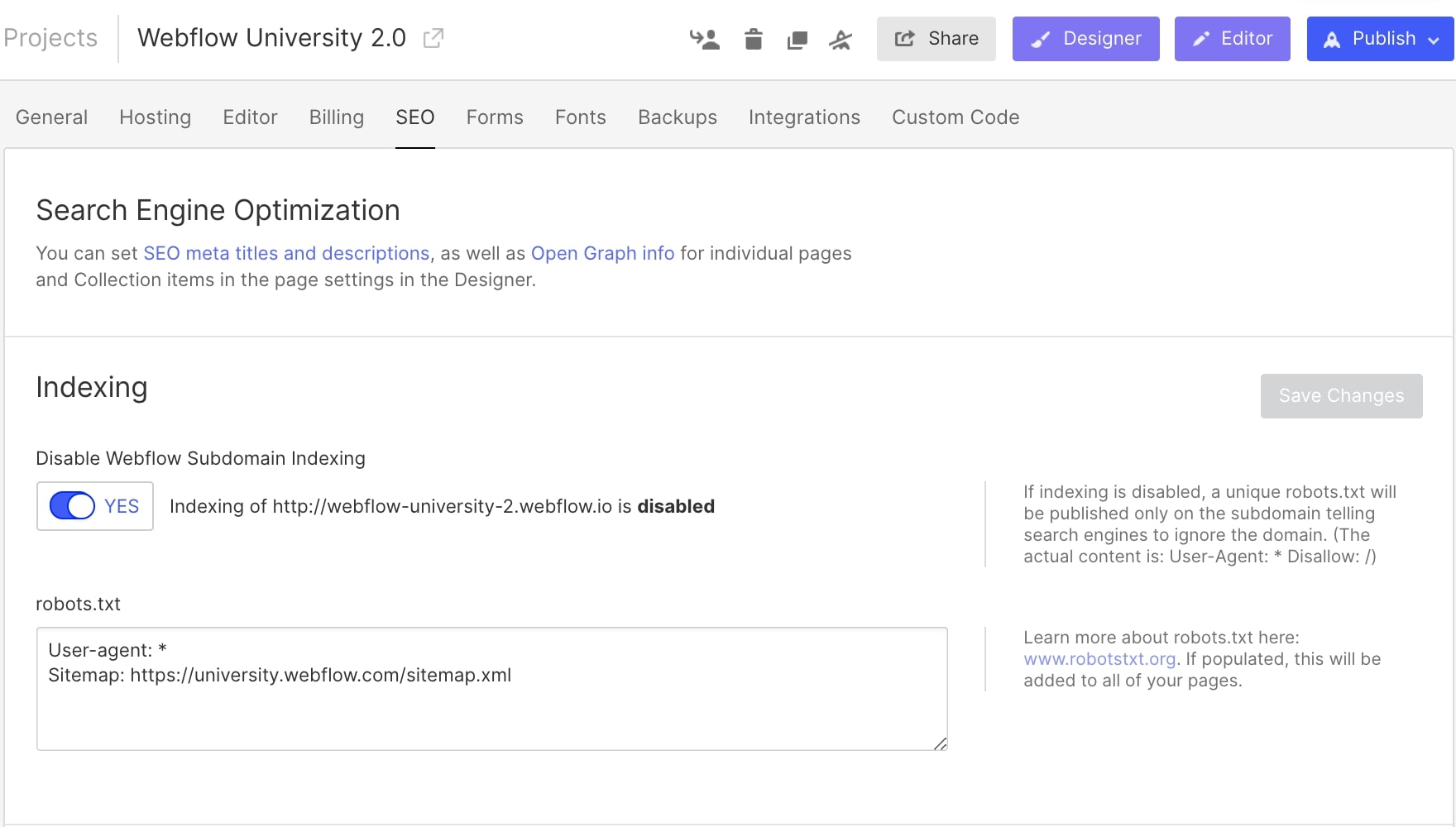 An example of indexing and sitemap controls in Webflow.