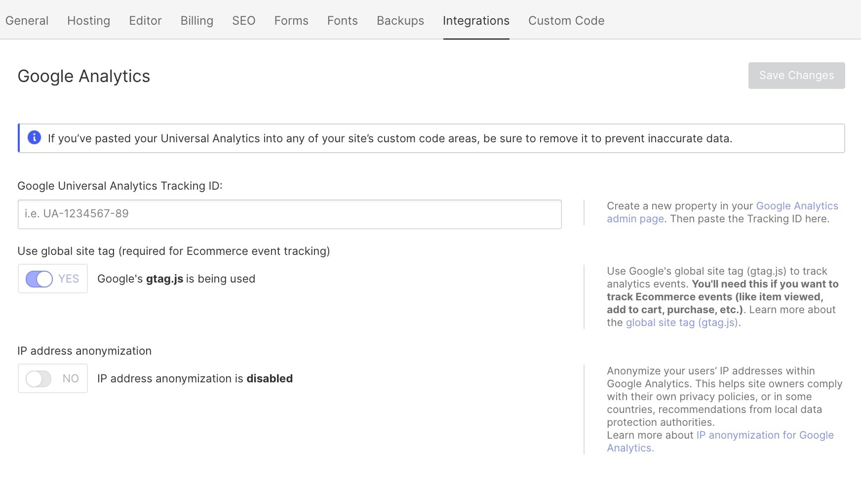 An image of setting up a Google Analytics tracking code in Webflow.