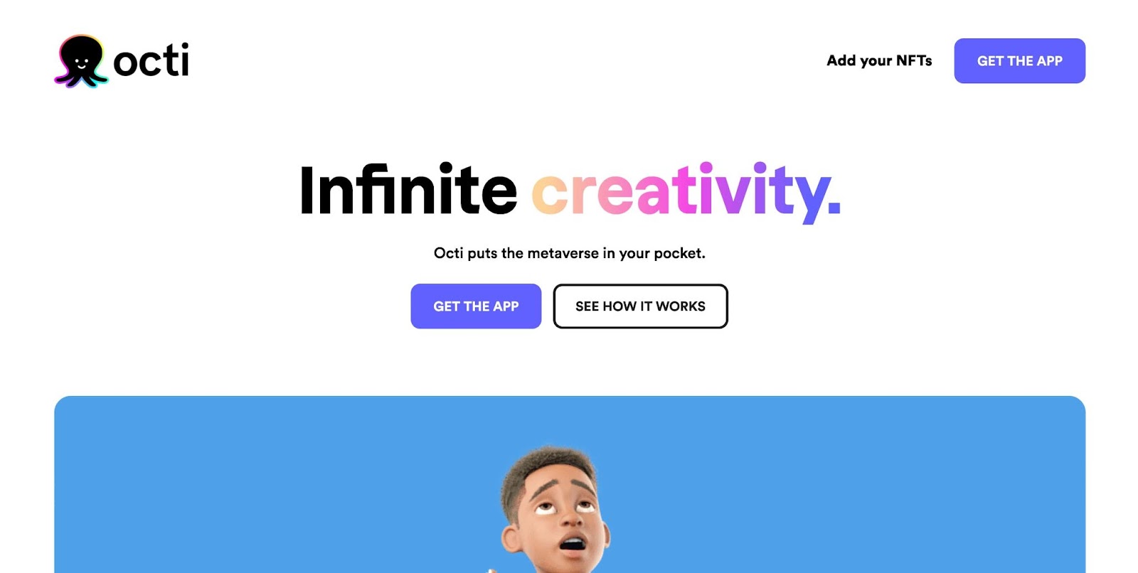 The Octi home page. It reads "Infinite creativity." 