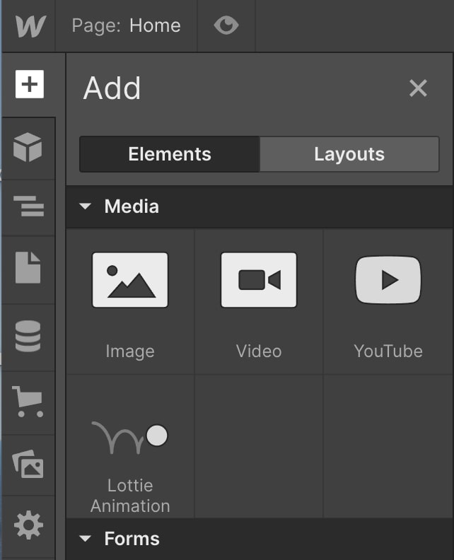 Screenshot of the Add Elements panel in the Webflow Designer