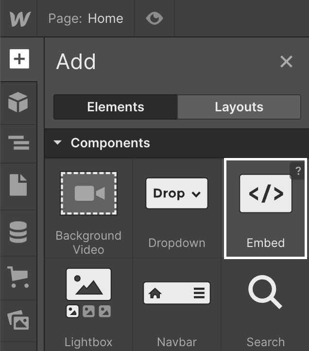 Screenshot of the Embed feature under Components in the Elements panel