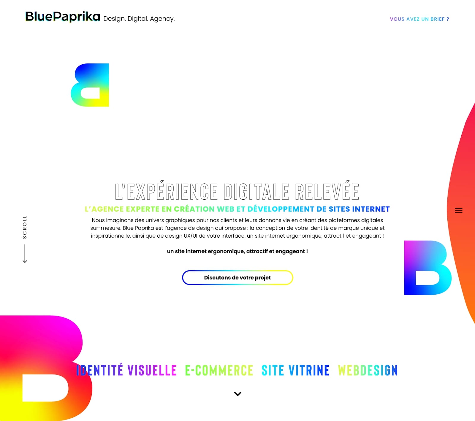 Screenshot of BluePaprika website. White background with accents of yellow-green, green, teal, and blue. Top of images shows logo (backwards B in yellow, green, blue gradient) and menu, Lorem ipsum text in center of image. Bottom of image shows large B in magenta, red, and yellow gradient next to lorem ipsum text in both the yellow, green, blue gradient and magenta, red, yellow gradient. 