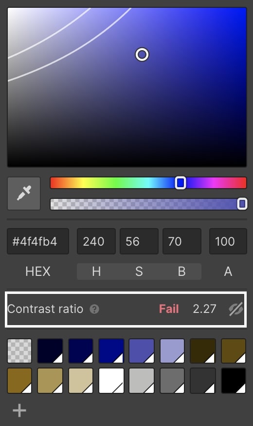 Screenshot of color contrast ratio analyzer. Main rectangle shows shades of blue with two curved white lines in the upper left corner, indicating contrast ratio guidelines. 