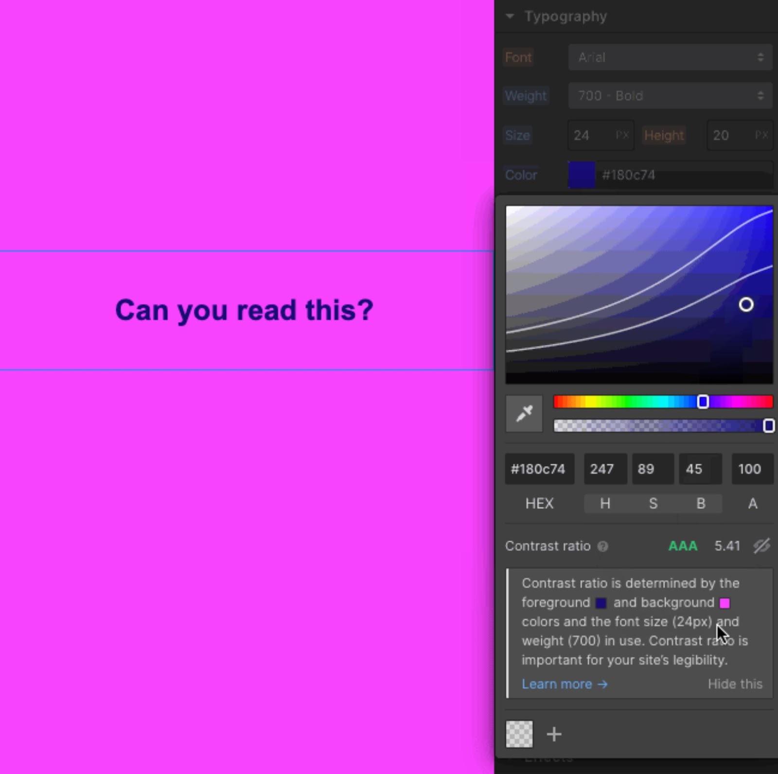 An image of the color contrast analyzer in the Webflow designer. The text box reads "Can you read this?"