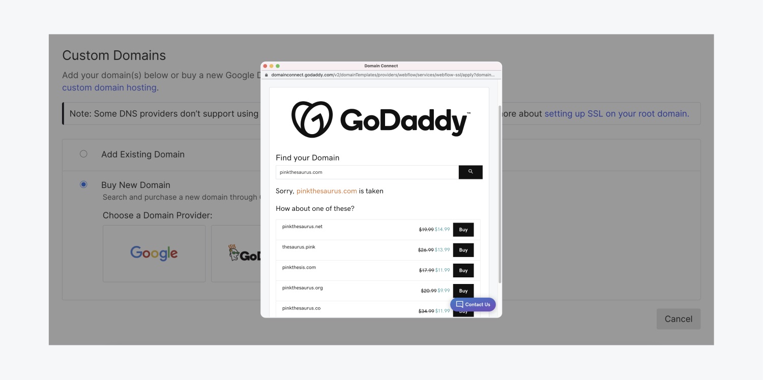 A screenshot of the GoDaddy domain search overlay that appears in Webflow when users look to buy or add a domain to their sites. The overlay is a searchable widget of available domain names.