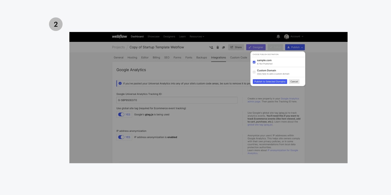 An image of where you can choose publish destination in Webflow.