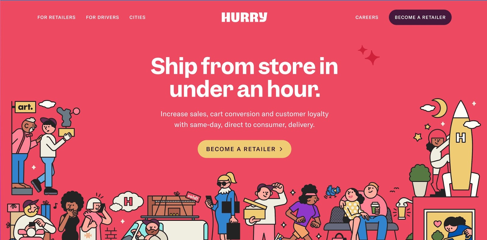 Hurry's candy red background color site, with the words "Ship from store in under an hour" centered in bold white type above a yellow CTA button and an illustration of various people shopping, exercising, sitting, and socializing. 