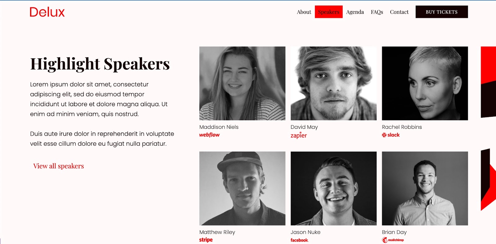 The Delux website, with a light pink background, red accents, and cllicked onto the Speakers menu item, displaying 6 Highlighted Speakers in black and white.