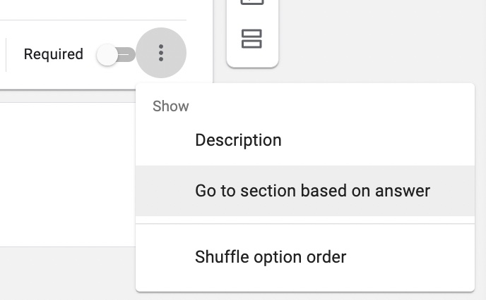 An example of different settings you can add in the form. Here the picture is showing the option to bring a user to a certain section based on their answer. 