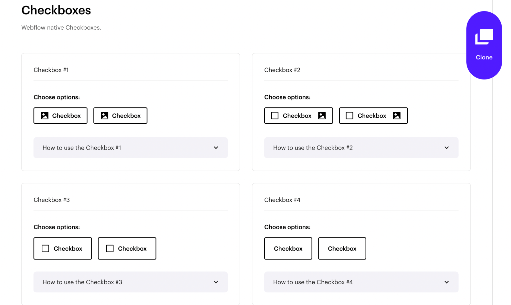 Screenshot from Finsweet’s Accessible Form Filter Components site featuring four different button designs for checkboxes.