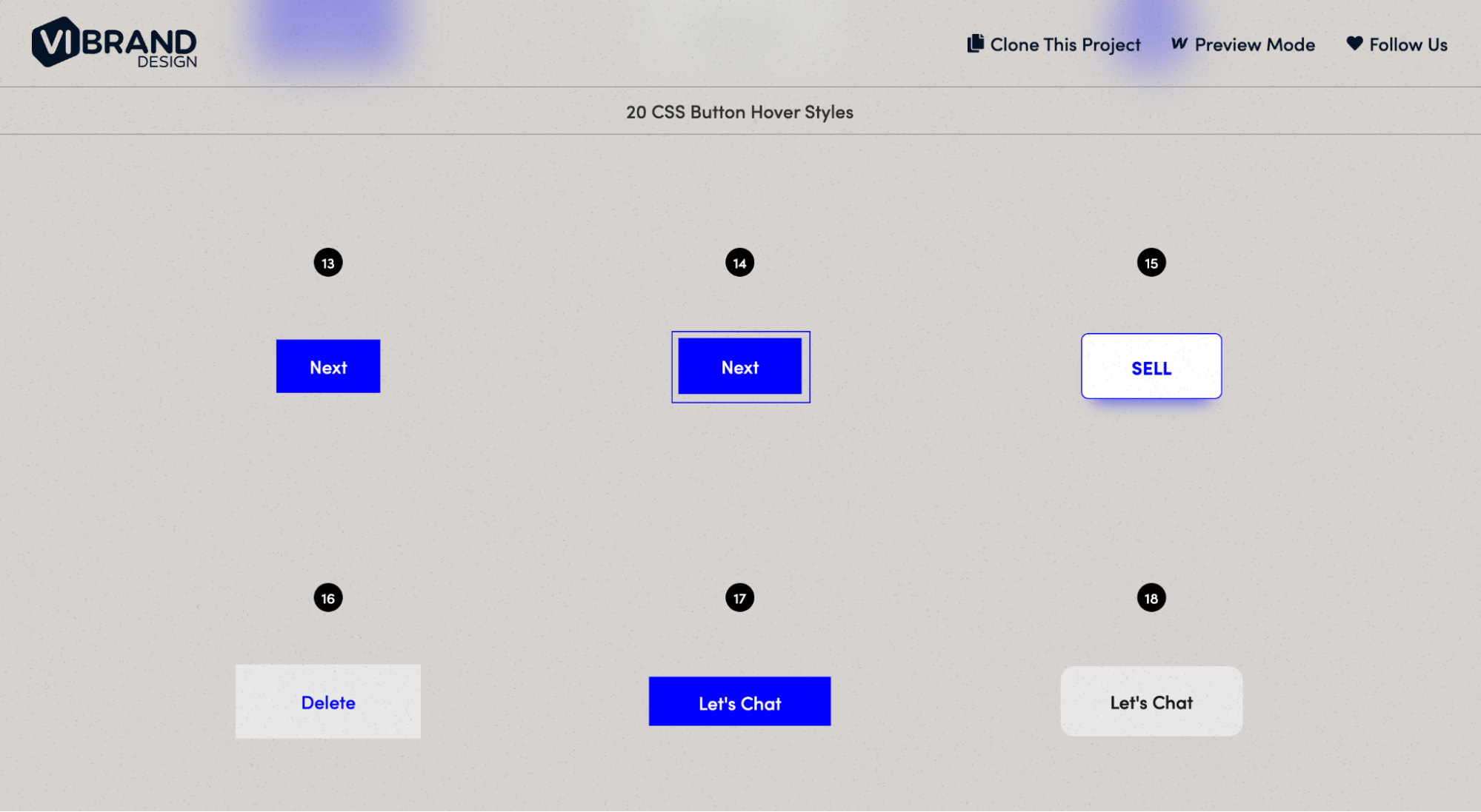 A screenshot from VIBRAND DESIGN’s website showing examples of button-style hierarchy, with multiple clonable versions of buttons with the same function