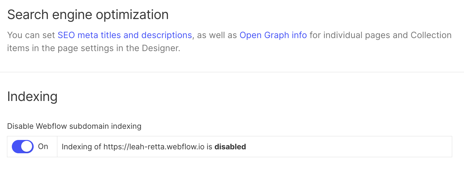 A screenshot of the SEO settings in Webflow Site Settings