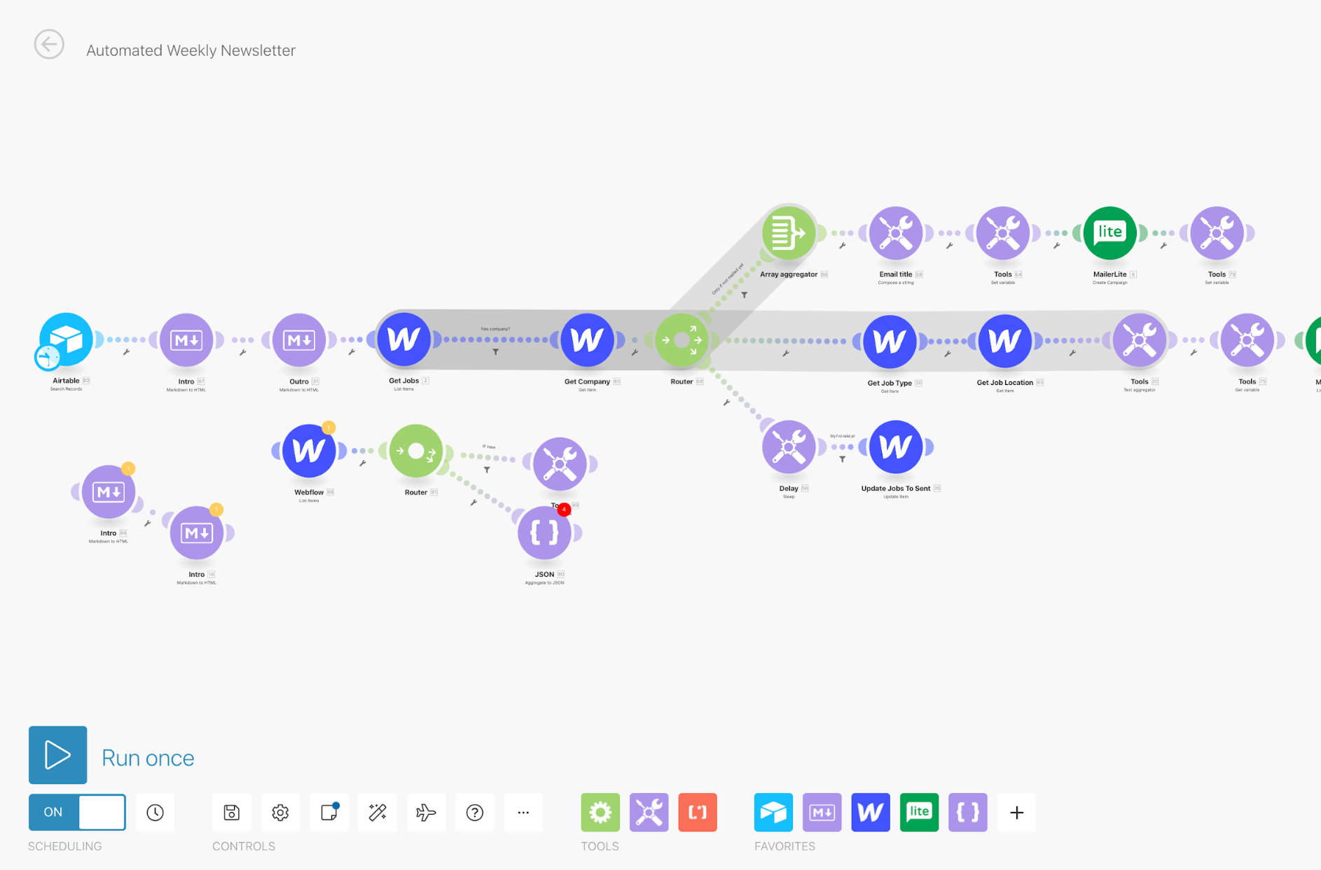 And example of  configure data exchanges between them by using different types of Modules — apps with preprogrammed types of connection on Make.