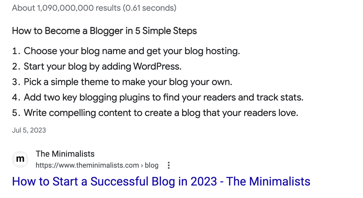 Featured snippet text on google for the query "How to Become a Blogger"