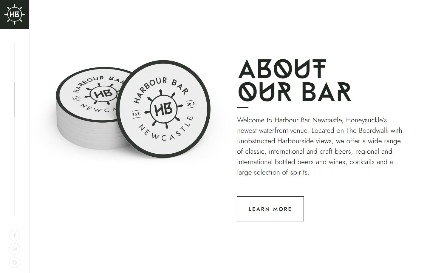 Harbour Bar’s about section showing a distinctive display font and neutral body text.